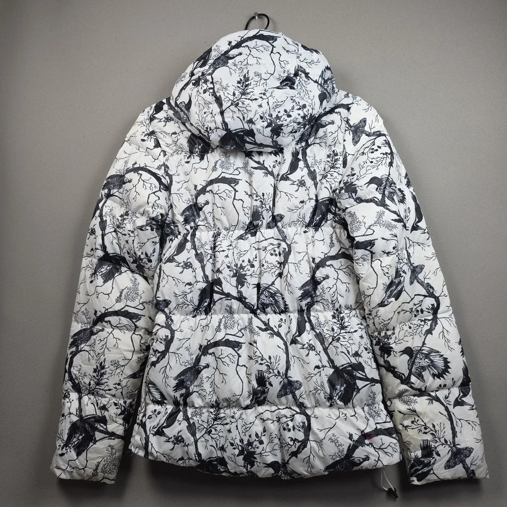 Nike ACG 800 Hooded Down Puffer Jacket Womens XS White Black Bird Toile Print
